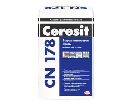 Смесь Церезит (Ceresit) CN178 для выравнивания оснований пола и изготовления стяжек внутри и снаружи зданий , толщ.5-80мм, 25кг